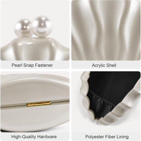 Pearl White Acrylic Shell Evening Purse with Detachable Chain - 8.8" x 2.4" - Picture 7 of 7